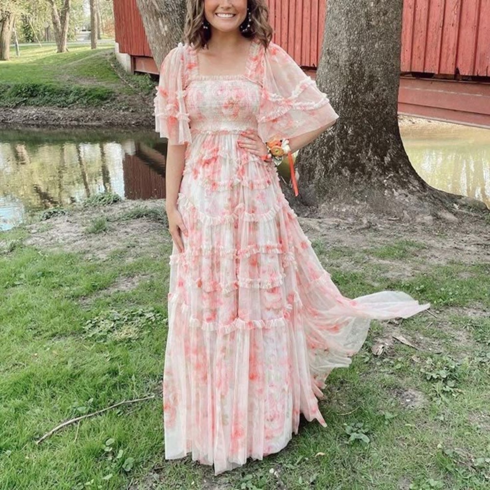 Needle & Thread Pink Floral Tiered Tulle Midi Dress - Picture 6 of 14